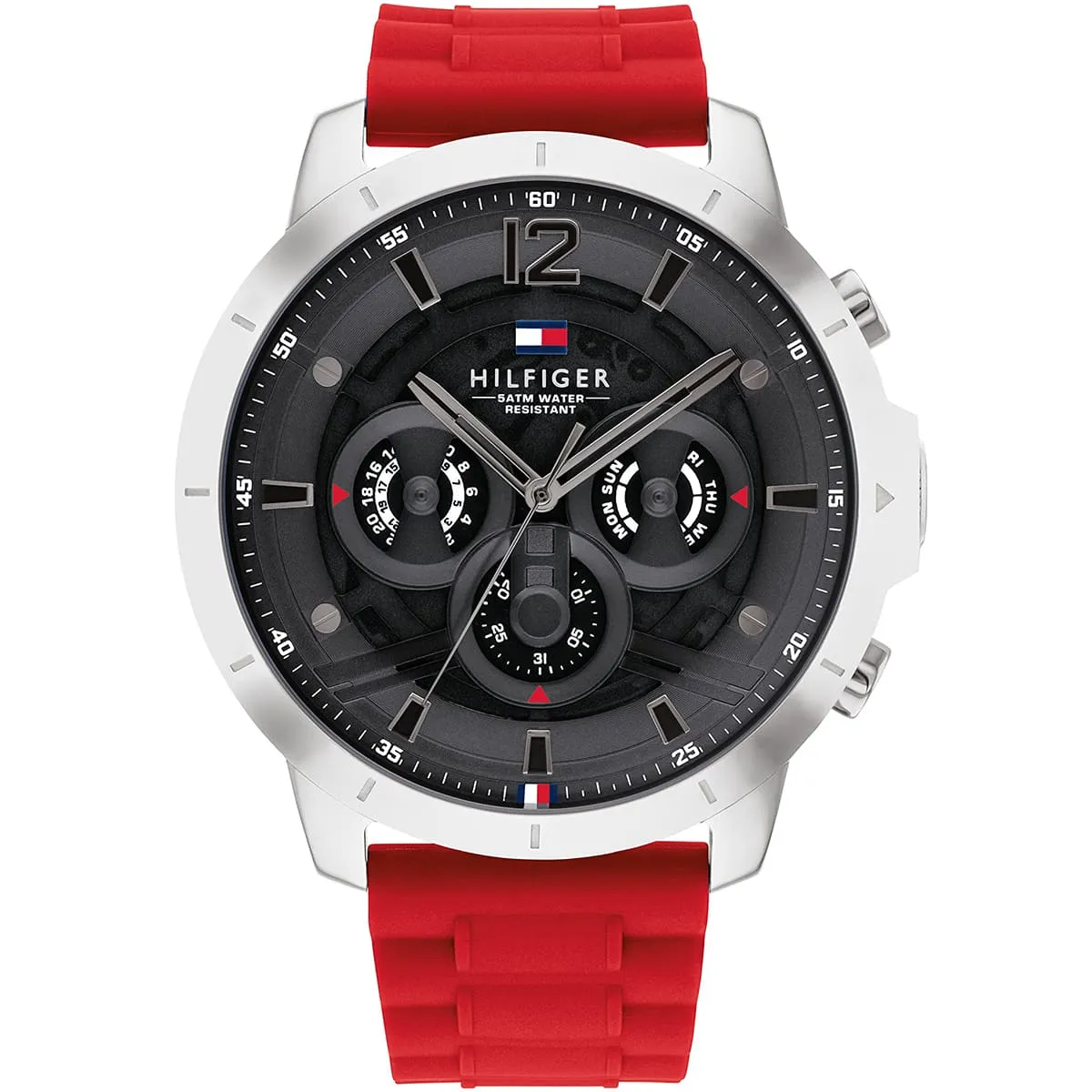 1710490-tommy-hilfiger-watch-men-black-dial-rubber-red-strap-quartz-battery-analog-luca Tommy Hilfiger Analogue Multifunction Quartz Watch for Men with Red Silicone Bracelet - 1710490 - Image 1