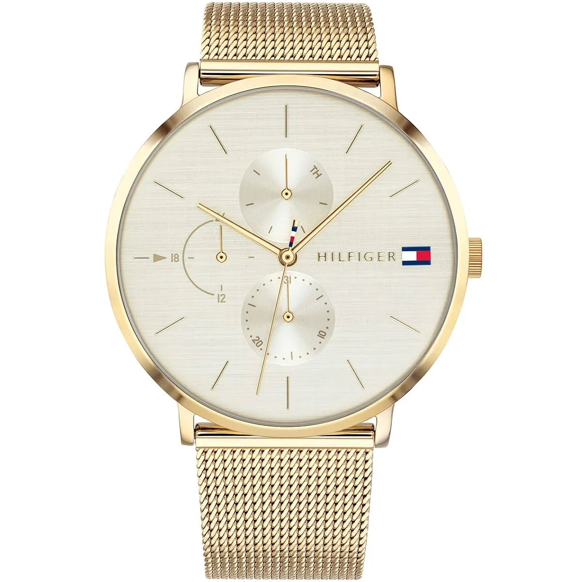 1781943-tommy-hilfiger-watch-women-gold-dial-mesh-metal-stainless-steel-golden-strap-quartz-battery-analog-jenna Tommy Hilfiger Analogue Multifunction Quartz Watch for women with Gold colored Stainless Steel mesh bracelet - 1781943 - Image 1