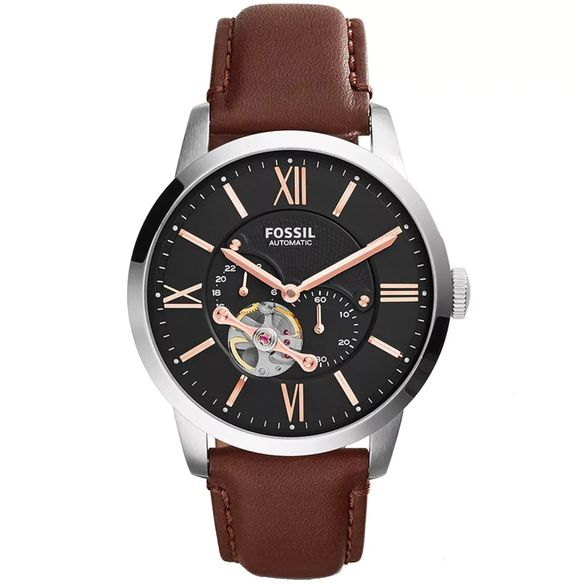 me3061_5 Fossil Townsman Men Black Dial Leather Band Automatic Watch - Me3061, Brown Band, Analog Display - Image 1