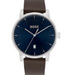 BOSS Hugo Dean Qtz Basic Calendar Blue Round Dial Men's Analog Watch|Brown Leather Material|Brown Color Band - 1514160