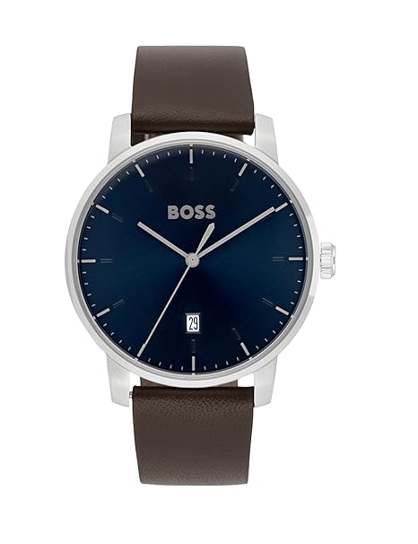 611fI7VfEML._SX466_ BOSS Hugo Dean Qtz Basic Calendar Blue Round Dial Men's Analog Watch|Brown Leather Material|Brown Color Band - 1514160 - Image 1