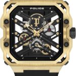 Police Disruptor I Men's 45mm Ion-Plated Gold Watch with Brushed Dial, 2-Hand Movement & Black Silicone Strap