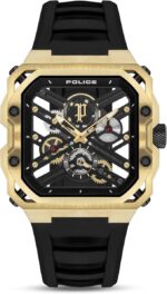 Police Disruptor I Men's 45mm Ion-Plated Gold Watch with Brushed Dial, 2-Hand Movement & Black Silicone Strap