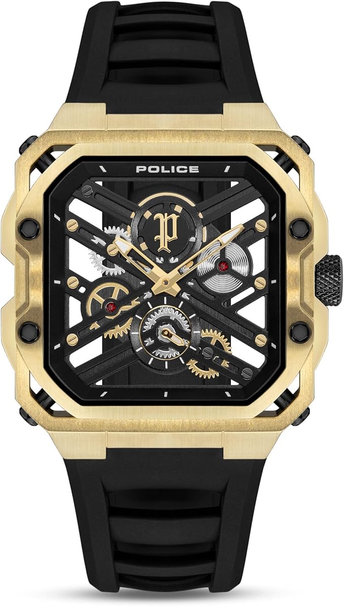 71n-sMtlPvL._AC_SX679_ Police Disruptor I Men's 45mm Ion-Plated Gold Watch with Brushed Dial, 2-Hand Movement & Black Silicone Strap - Image 1