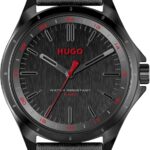 HUGO Men's #Complete Black Ionic Plated Stainless Steel Case and Black Calfskin Strap, for Business or Casual Wear, Modern Three-Hand Watch, Model (1530321)