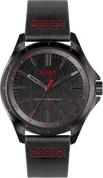HUGO Men's #Complete Black Ionic Plated Stainless Steel Case and Black Calfskin Strap, for Business or Casual Wear, Modern Three-Hand Watch, Model (1530321)