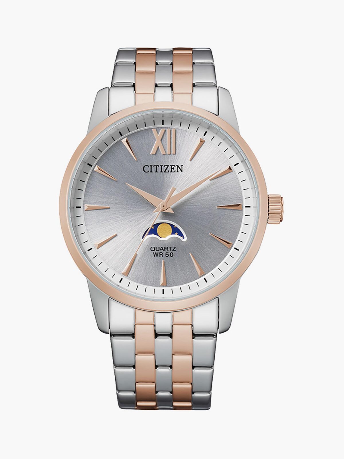 Citizen Moonphase Men 42 MM Silver & Rose Gold Analog Stainless Steel Strap Watch | AK5006-58A