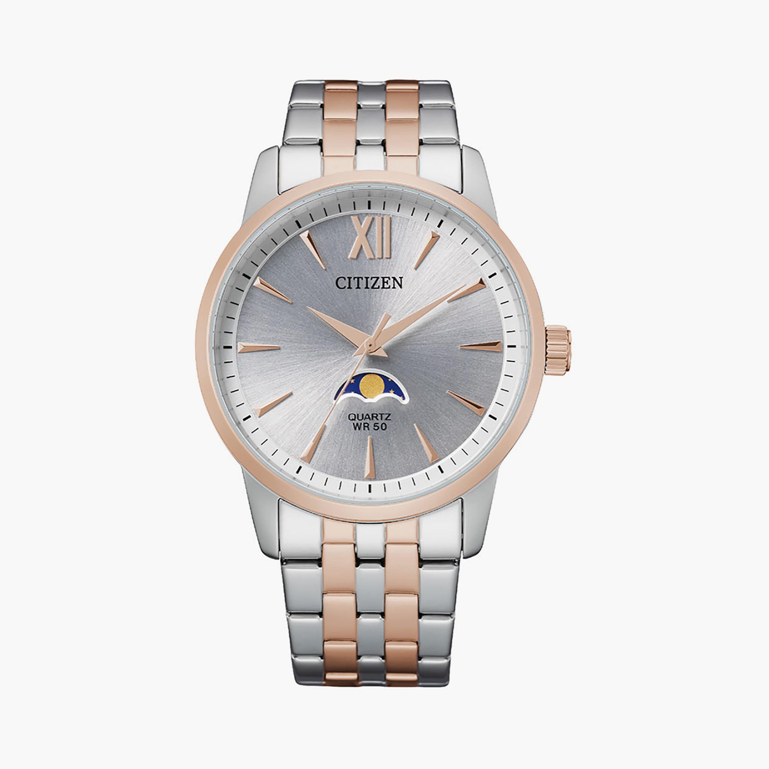 165885225-AK5006-58ACP24-07-2023_01-2100 Citizen Moonphase Men 42 MM Silver & Rose Gold Analog Stainless Steel Strap Watch | AK5006-58A - Image 1
