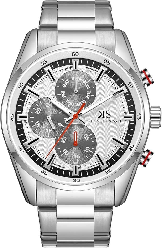 viq9wg7i Kenneth Scott Men’s Multi Function Watch | White Dial, Silver Case & Strap, Round, 47mm-K24117-SBSW - Image 1