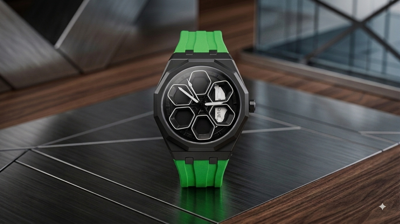 Gemini_Generated_Image_82830m82830m8283 TORQUE SERIES LUXUARY CAR SPINNER WHEEL WATCHES WITH GREEN STRAP BY VOGUE VENUE - Image 1