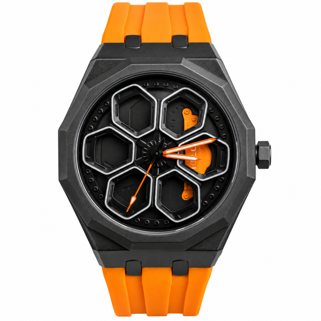 TORQUE SERIES car spinner wheel watch with orange strap